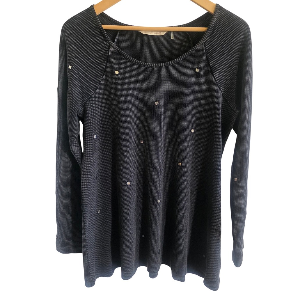 SOFT SURROUNDINGS M Black Cotton‎ Mirror Embellished Waffle Knit Tunic Top Boho